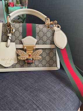 Gucci Beige GG Supreme Bee Top Handle Satchel with Red & Green Web